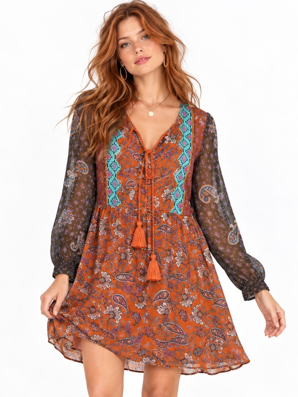 Sundance Artist Devine Rust Orange Paisley Boho Mini Dress